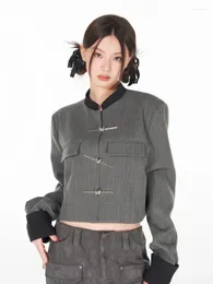 Trajes de mujer UNXX Ajuste suelto Chaqueta corta de gran tamaño en forma de gris Solapa Manga larga Blazer para mujer Moda Marea Primavera Otoño 2024 Harajuku Top