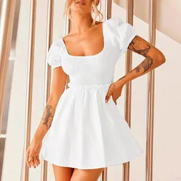 Vestidos casuais feminino shirred plissado manga curta mini vestido francês quadrado pescoço flowy uma linha sexy corte gravata volta verão