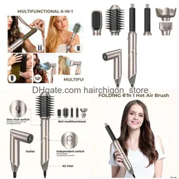 Hair Dryers Professional Air Brush 6 In 1 Dryer Foldable Blow Interchangeable Brushing Head Styling Curling Wand 230829 Drop Deliver Dhuh5