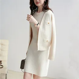 Women's Tracksuits High Quality Autumn Winter Sleeveless Knitted Solid Color Dress Two Piece Set And Elegant Metal Button Sweater Cardigan