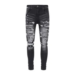 Jeans roxos designer mens calças nova marca de moda de rua cinza angustiado lavado esfarrapado flor de caju plissado remendo buraco rasgado ajuste fino para homens