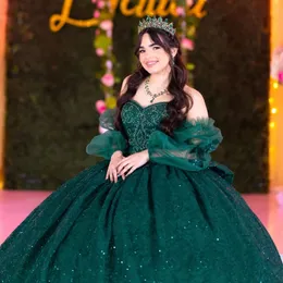 Emerald Green Off Shoulder Ball Gown Quinceanera Dresses 2024 Sweet 16 Princess Appliqued Lace Beads Party Gowns Vestido de 15 Anos