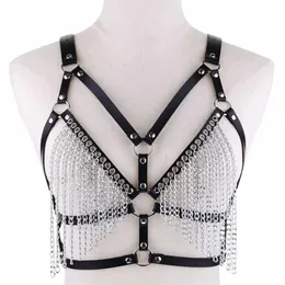 Lederkettengeschirr Körperkette BH Goth Punk Sexy Kette Top Damen Körperschmuck Sommer Festival Mode Rave Outfit 240104