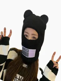 Beanieskull Caps Bear Ears Balaclava bayanlar 1 delikli kayak maskesi el yapımı tığ işi tam yüz yünlü şapka sevimli kız kış sokak kıyafetleri sıcak8891070