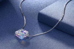 LEKANI Blue Cube Crystals From rovski 925 Sterling Silver Square Shape Pendant Wedding Jewelry Necklace1270985