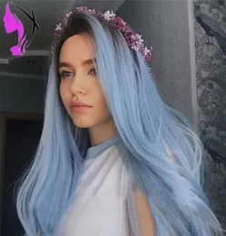 Long Ombre Sky light blue Wig Body wave Synthetic Lace Front Wig for Women Heat Resistant Wigs3020979