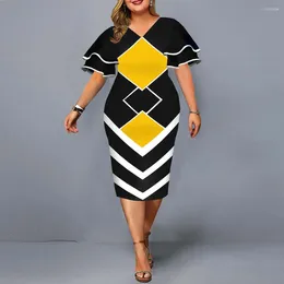 Plus Size Kleider Kleid Eleganter geometrischer Druck Abendparty 2024 Herbst Damen Flare Kurzarm Gelb Casual 3XL 4XL 5XL