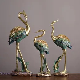 Resin animal sculpture Painted Crane bird Simulation animal statue crafts ornaments Golden relief Handmade Home Decoration 240105
