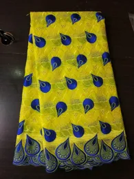직물 5 마당/PC 매력적인 노란색과 파란색 스위스 Voile 메쉬 레이스 자수 아프리카 면화 레이스 직물 드레스를위한 석재 BC591