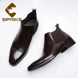 Sipriks Men's Chelsea Boots Genuine Leather Square Male Cowboy Dress Boots Cap Toe Botte Dark Brown Euro 44 Church Shoes 240104