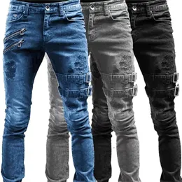 Retro moto bisikletçisi düz elastik kot erkekler fermuarlı delik sokak kıyafeti punk sıska denim kargo pantolon pantalonlar hombre y2k giyim 240104