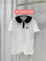 Women's T-Shirt designer brand 2023 Spring/Summer New Polo Collar Contrast Lace Pearl Buckle Bubble Short Sleeve Youth Slimming T-shirt Top XCJE