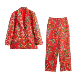 UNIZERA2023 Winter Women's Casual Northeast Flower Printed Loose Suit Coat Straight Leg Pants Fashion Set 240105