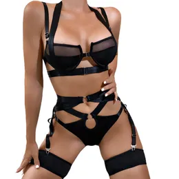 V Neck Mesh Woman's Sexy Lingerie Set Cut Out Underwear Fairy G-String Thongs Set med strumpebandet Sexigaste kroppsdräkt Kvinnor 240105