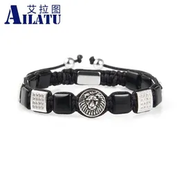 Bangle Ailatu Fashion Antique Silver Lion Head Bracelets Bracelets Naturalne czarne onyksowe kwadratowy kamień regulowany biżuteria najwyższa jakość