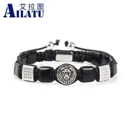 Armreif Ailatu Mode Antik Silber Löwenkopf Makramee Armbänder Natürlicher Schwarzer Onyx Quadratischer Stein Verstellbarer Schmuck Top Qualität