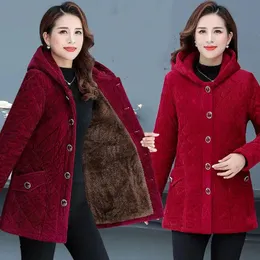 Frauen Cord Jacken Herbst Winter Feste Lose Outwaer Weibliche Casual Mittleren Alters Verdicken Warme Mit Kapuze Mäntel 240104