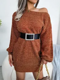 Women Casual Off Shoulder Long Sleeve Knitted Sweater Dress Autumn Winter 2013 Clothes Without The Belt 240104