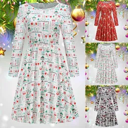 Günlük elbiseler kadınlar Noel ağacı baskı elbise moda uzun kollu ince fit bel bandı