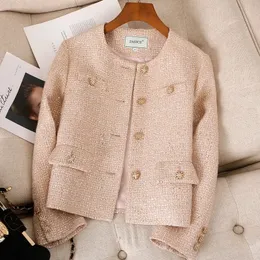 High Quality Fall Winter Office Lady Solid Tweed Jacket Women Casual Weave Pocket Single-Breasted Outwear Tops Coat Female 240104