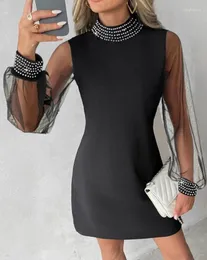 Casual Dresses Elegant And Beautiful Women's Dress 2024 Solid Black Round Neck High Waist Rhinestone Decor Sheer Mesh Patch