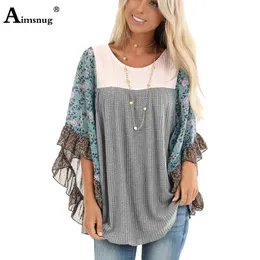 Aimsnug boho halfsleeve impressão splice blusas femininas pullovers o pescoço solto casual outono feminino tricô 240105