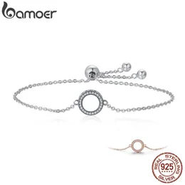 Bangles Bamoer Sterling Sier Classic Zircon Hollow Circle Bracelet Hearts Strand Chain Link for Women Vintage Fine Jewelry Scb030