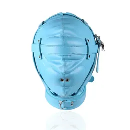 Erotic blue with lock cover SM bondage face couple toy flirt hood breathable double nostrils hair replacement hood 240105