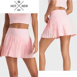 Lu Lu Shorts Limão Yoga Mulheres Esportes Saias de tênis Calças de cintura alta Yoga Shorts de tênis Vestido com bolsos Saia de bolso plissada Anti-Esgotamento Secagem rápida