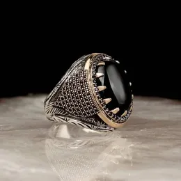 Wedding Rings Vintage Handmade Mens Signature Ring Metal Two Tone Set Black Zircon Punk Motorcycle Ring Jewelry 240104