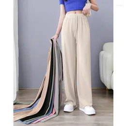 Pantalon d'été en soie glacée pour femmes, jambes larges et fines, taille haute, grande taille 3xl, Slim, Tube droit, survêtement, Style coréen