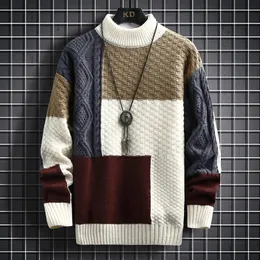 2023 Autumn Winter Men Sweater Warm Fashion Stitching Color Matching Pullover Round Neck Thicked Sticked S3XL 240104