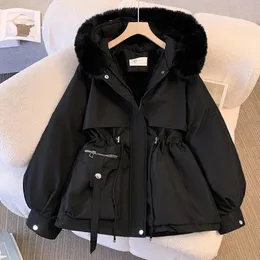 Women Fall Winter Cottonpadded Jacket Pocket Zipper Hooded Parkas Fleece Warm Long Sleeve Waist Cotton Coat Causal 240104