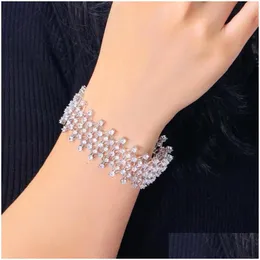 Chain Link Bracelets Beaqueen Shiny Round Cz Stones Nets Charm For Women Evening Party Sier Color Wide Big Bangle Brides Gifts B250 Dhuyh