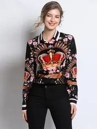 HAMALIEL Подиумный дизайнер Vinatge Блузки Весна Лето Женская элегантная шифоновая рубашка с длинным рукавом с цветочным принтом и короной Модные топы 240105