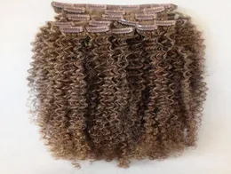 brasiliansk jungfrulig ljusbrunt hår weft clip in kinky curly mänskligt remy hårförlängningar 9 stycken 100g en set5609395