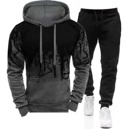 Outono inverno tendências tracksuits homens camuflagem hoodie pant 2 peça conjunto esportes wear 3d tinta jogging ternos 240106