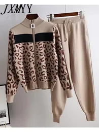 Chándal Mujer Leopardo Punto Zip Cardigan Tops Pantalones Traje 2PCS Conjuntos Chaqueta de manga larga Abrigo Mujer Suéter Casual Pantalones Trajes 240105