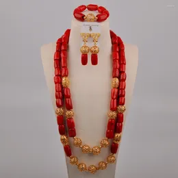 Conjunto de collar y pendientes, cuentas de boda nigerianas de Coral Original rojo para novia, joyería africana