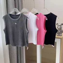 Sommer-Tanktop für Damen, T-Shirts, Crop-Top, sexy Schulter-Tanktop, lässig, ärmellos, Damen-Tanktops, Rundhalspullover, Designer-Anagramm-Stickerei, Baumwollmischung