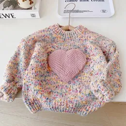 Korean Style Autumn Cute Colored Love Pullover Fashion Warm Loose Sweater Childrens Tops Clothes Girls From 2 To 8 Years 240106