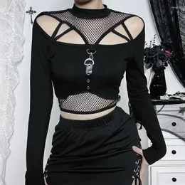 Kadınlar İki Parçalı Pantolon Seksi Koyu Stil Punk Moda T-Shirt Deri 2 Set Kadın Kıyafetleri Mesh Hollow Out Uzun Kollu Üstler Pantolon