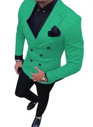 Men's Suits Green Blazer With Black Pants Silm Double-Breasted Men Costume Homme Business For Groom Tuxedos(Top Pants)