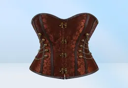 Kvinnor vintage steampunk gothic pu läderpaneler jacquard överbust korsett topp med kedjor och knappar accent s6xl plus size brown9806062