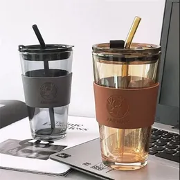 350/450ml Coffee Straw Cup With Lid Heat-Resistant Water Bottle Beer Drinkware Coffee Mug With Straw Deer Printed Leather Glass 240105