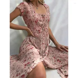 Vestidos casuais moda manga curta v pescoço espartilho botão vestido de férias ins y2k roupas verão mulheres impressão floral boêmio