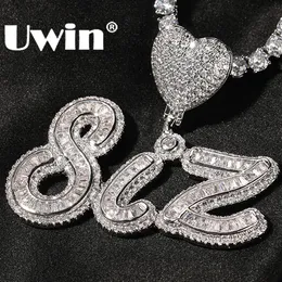 UWIN Benutzerdefinierte Namenskette mit Herzlünette Iced Out Baguettecz CZ Charms Tenniskette Kursives Namensschild Modeschmuck 240106