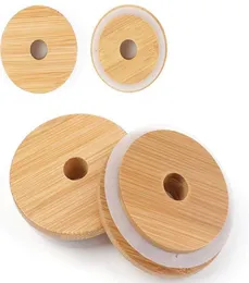 70mm86mm tampas de pedreiro tampas de bambu reutilizáveis com furo de palha e selo de silicone para frascos de pedreiro frascos bebendo lid3816302