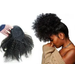 بيع امتدادات ذيل حصان الشعر البشري Yaki Afro Kinky Curly Ponytail Wrap الرباطية البشرية لون أسود طبيعي مع مقطع في 8167310