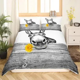 Donkey King Queen Cover Cover Cartoon Funny pościel Zestaw Farmhouse Animal Comborter Cove Sunflower Polyester Quilt 240106